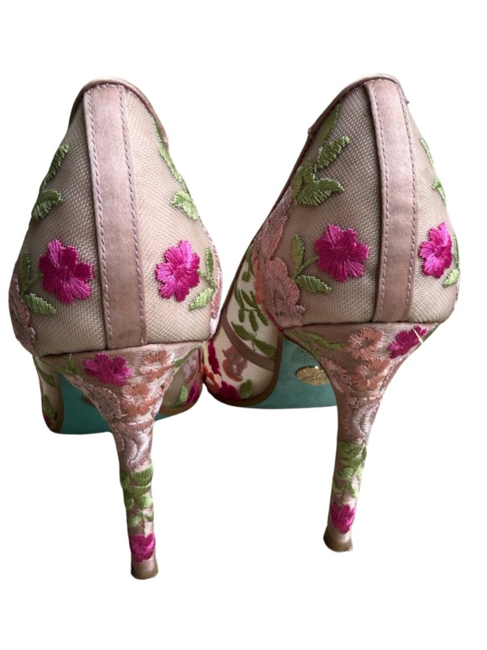 Betsey Johnson Embroidered Floral Peep Toe Heels Size 6 Pink Satin Mesh Stiletto - Picture 6 of 15